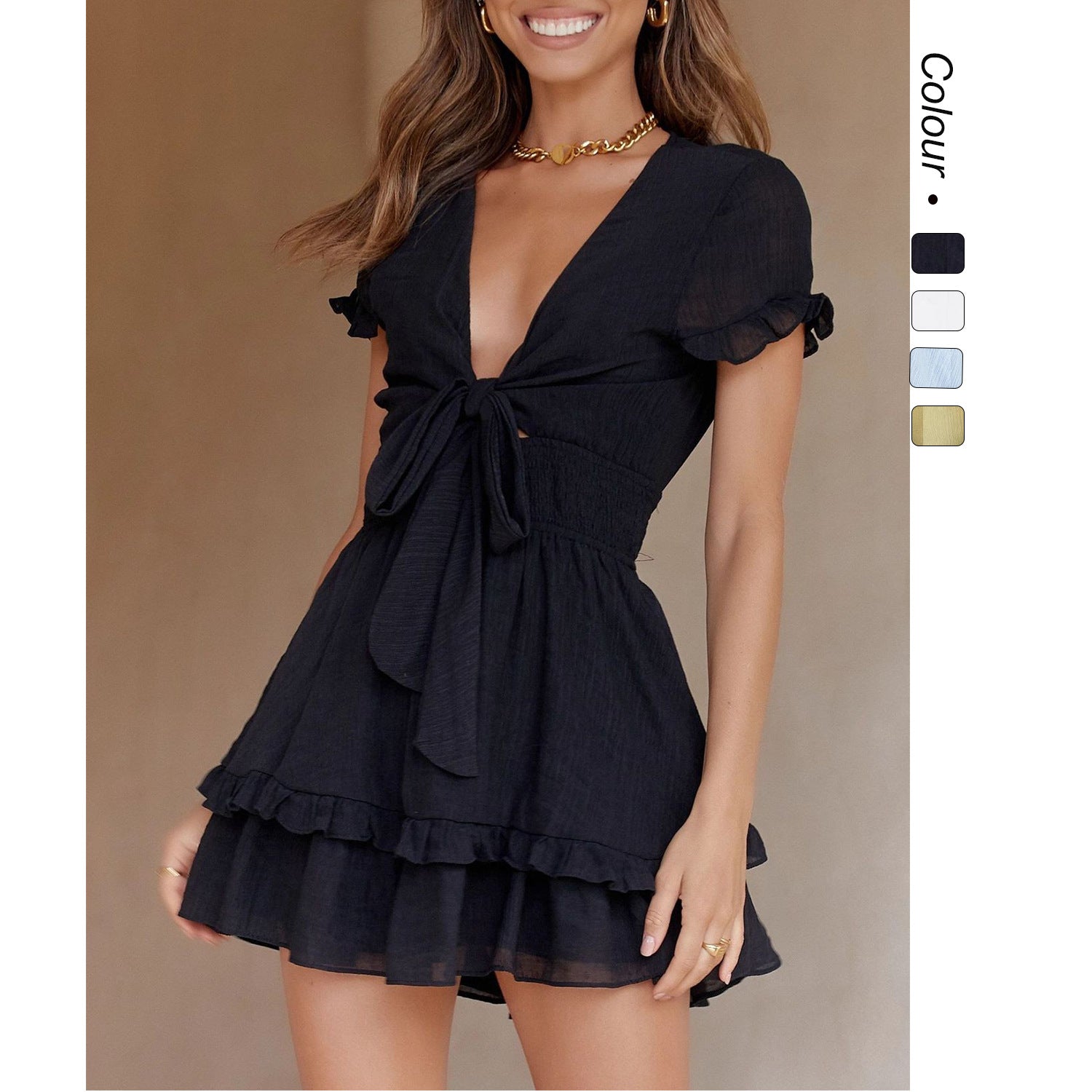 Sweet Tie-neck V-neck Chiffon Dress